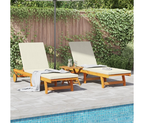 Tumbonas con ruedas  2 pcs con mesa y cojín de madera maciza de acacia