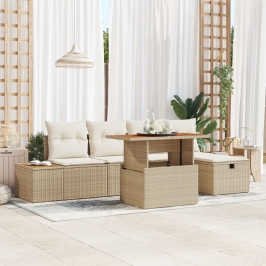 Set de Sofás de Jardín de 6 Piezas con Cojines Beige Ratán Sintético