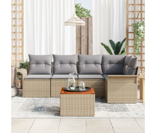 Conjunto de Sofá de Jardín de 6 Piezas con Cojines Beige Poliratán Acacia