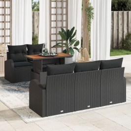 Conjunto de Comedor de Jardín de 6 Piezas con Cojines Negro Poliratán Acacia