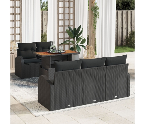 Conjunto de Comedor de Jardín de 6 Piezas con Cojines Negro Poliratán Acacia