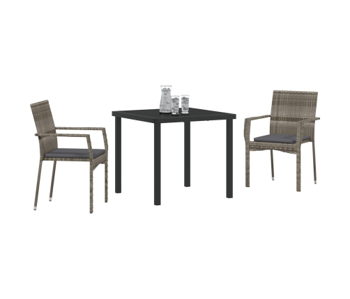 Juego de Comedor de Jardín de 3 Piezas con Cojines Gris Poliratán