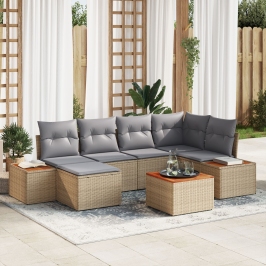 Juego de Sofás de Jardín de 7 Piezas con Cojines Beige Poliratán Acacia