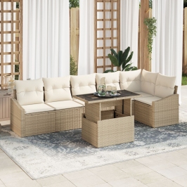 Juego de Sofás de Jardín de 7 Piezas con Cojines Beige Poliratán