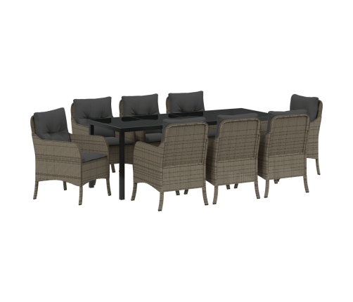 Conjunto de Comedor Jardín  de 9 Piezas con Cojines Gris Ratán Poliéster