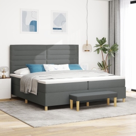 Cama con somier  con colchón y banco gris oscuro 200x200 cm de tela