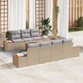 Juego de Sofá de Jardín de 8 Piezas con Cojines Beige Ratán Poliéster Acacia