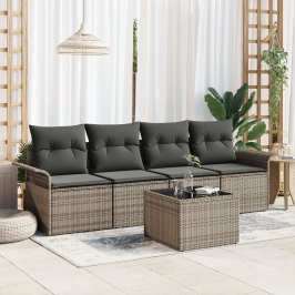 Conjunto de Sofá de Jardín  de 5 Piezas con Cojines Gris Poliratán
