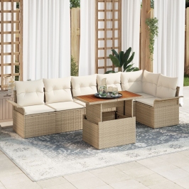 Conjunto de comedor de jardín de 7 piezas con cojines beige ratán poliéster acacia