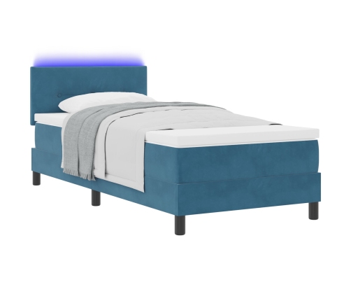 Cama Box Spring  con colchón y LED Azul Oscuro 90x200 cm de terciopelo