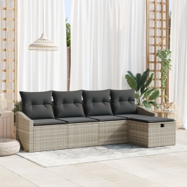 Set de Sofá de Jardín de 5 Piezas con Cojines Gris Claro Poliratán