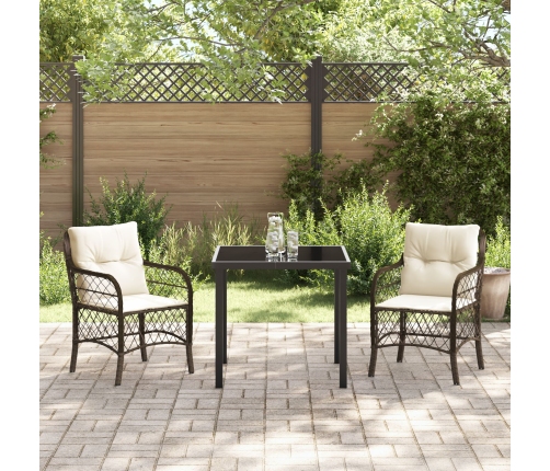 Conjunto de comedor de jardín  de 3 piezas con cojines de rattan polivinílico marrón