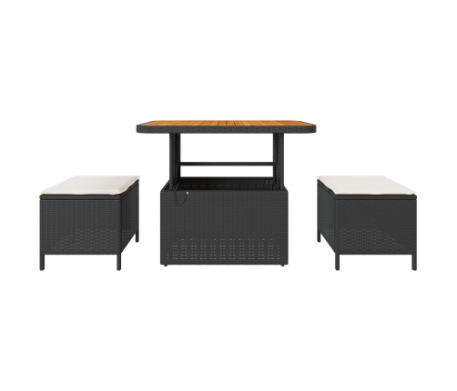 Set de Comedor de Jardín de 3 Piezas con Cojines Negro de Poliratán y Acacia