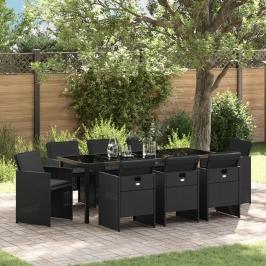 Conjunto de Comedor de Jardín de 9 Piezas con Cojines - Poliratán Negro