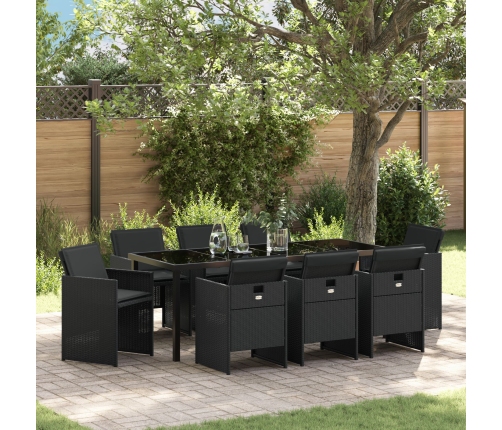 Conjunto de Comedor de Jardín de 9 Piezas con Cojines - Poliratán Negro