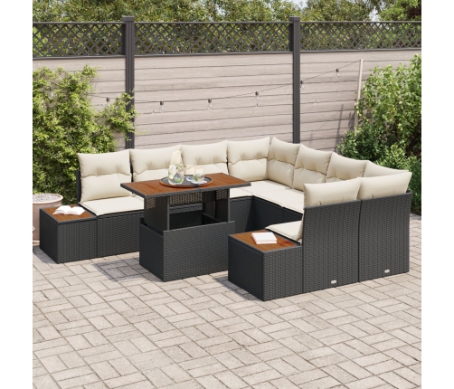 Conjunto de 9 Piezas de Comedor de Jardín con Cojines Negro Poliratán Acacia