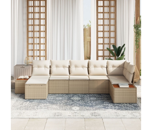 Conjunto de Sofá de Jardín de 7 Piezas con Cojines Beige Ratán Poliéster Acacia