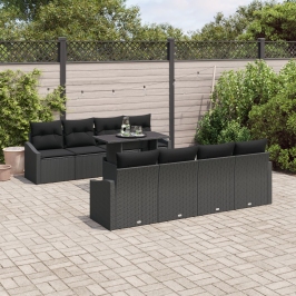 Set de Sofá de Jardín de 9 Piezas con Cojines Negro Poliratán