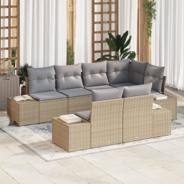 Conjunto de Sofá de Jardín  de 7 Piezas con Cojines Beige Ratán Poliéster