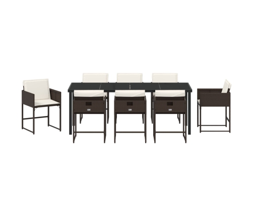 Juego de Comedor de Jardín de 9 Piezas con Cojines Rattan Poliéster Marrón