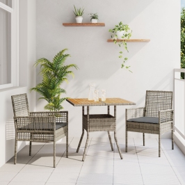 Conjunto de Comedor de Jardín  de 3 Piezas con Cojines Gris Ratán Polímero