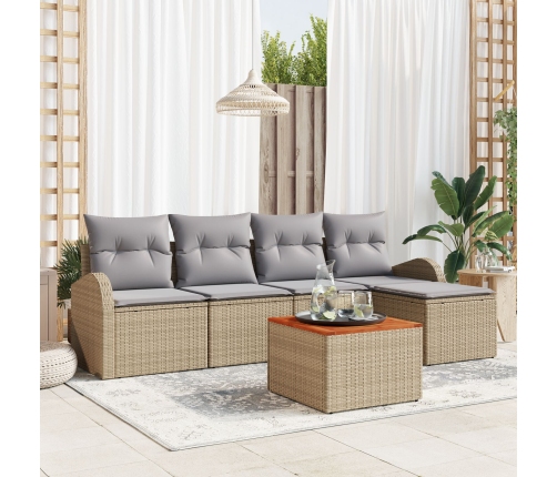 Conjunto de 6 Piezas de Sofás de Jardín con Cojines Beige Ratán Poliéster Acacia