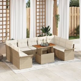 Conjunto de comedor de jardín de 10 piezas con cojines Beige Ratán Poliéster