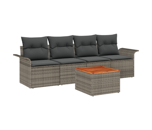 Conjunto de Sofá de Jardín  de 5 Piezas con Cojines Gris Poliratán Acacia