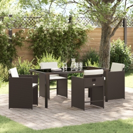 Juego de Comedor de Jardín  5 Piezas con Cojines Marrón Poliratán