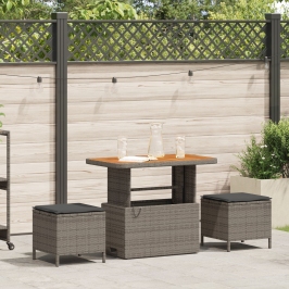 Conjunto de Comedor de Jardín de 3 Piezas con Cojines Gris en Poliratán y Acacia