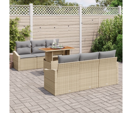 Conjunto de Comedor de Jardín de 7 Piezas con Cojines Ratán Poli Beige Acacia