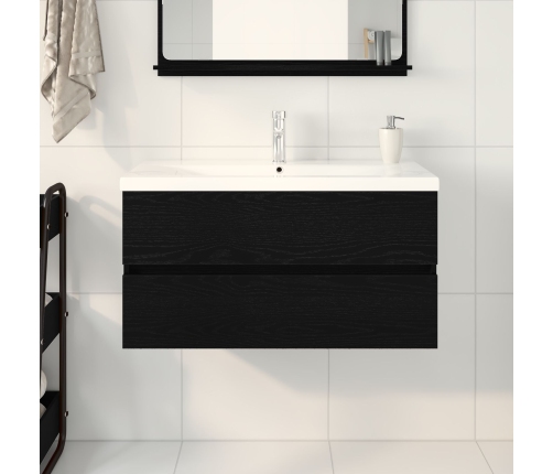 Armario de Pila  con Lavabo Integrado Roble Negro Madera Elaborada, Armario de Pila  Roble Negro 90x38,5x45 cm Madera Elaborada