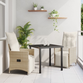 Juego de Comedor de Jardín de 3 Piezas  con Cojines Beige Poliratán