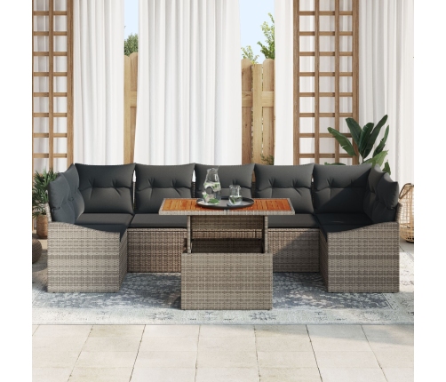 Conjunto de Jardín de 8 Piezas con Cojines Gris Ratán Poli Acacia