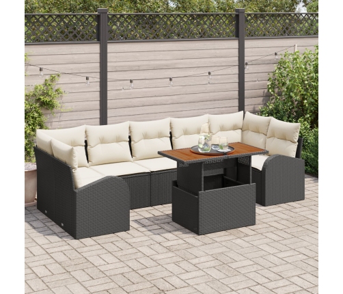 Conjunto de Comedor de Jardín de 8 Piezas con Cojines Negro de Rattan Polipropileno Acacia