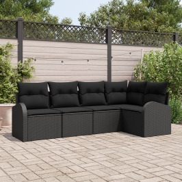 Set de Sofá de Jardín  de 5 Piezas con Cojines Negro Poliratán