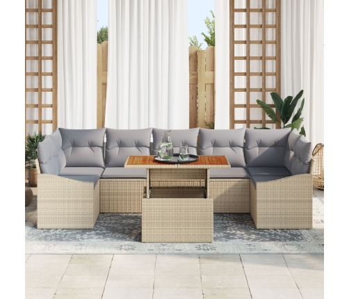 Conjunto de Comedor Jardín de 8 Piezas con Cojines Beige Ratán Sintético Acacia