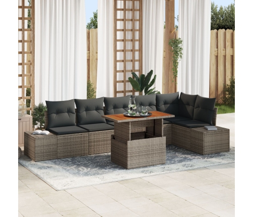 Juego de Comedor de Jardín de 7 Piezas con Cojines Ratán Gris Acacia