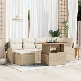 Juego de Comedor de Jardín de 7 Piezas con Cojines Beige Ratán Poliéster Acacia