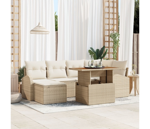 Juego de Comedor de Jardín de 7 Piezas con Cojines Beige Ratán Poliéster Acacia