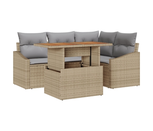 Conjunto de Comedor de Jardín de 5 Piezas con Cojines Beige Polirratán Acacia