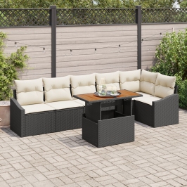 Set de comedor de jardín  de 7 piezas con cojines negro de poliratán acacia
