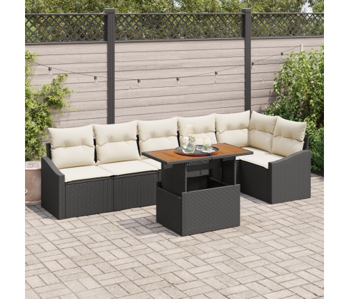 Set de comedor de jardín  de 7 piezas con cojines negro de poliratán acacia