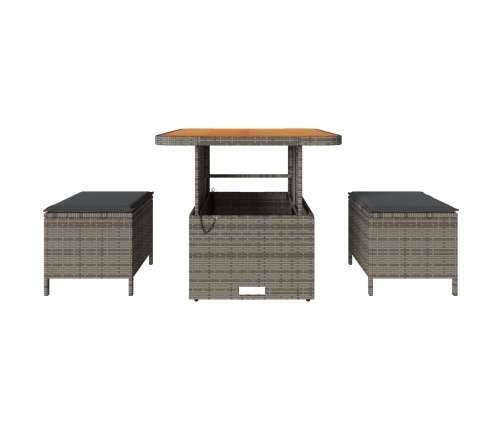 Conjunto de Comedor de Jardín de 3 Piezas con Cojines Gris de Poliratán y Acacia