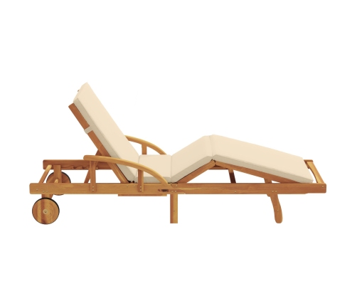 Tumbona plegable  con ruedas y cojín beige de madera maciza de acacia