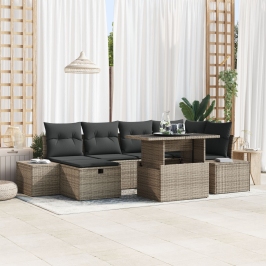 Conjunto de Sofás de Jardín  de 7 Piezas con Cojines Gris Poliratán