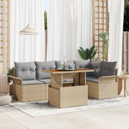 Conjunto de Comedor de Jardín de 6 Piezas con Cojines Beige Poliratán Acacia