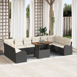 Conjunto de Comedor de Jardín de 11 Piezas con Cojines Ratán Poliéster Negro Acacia
