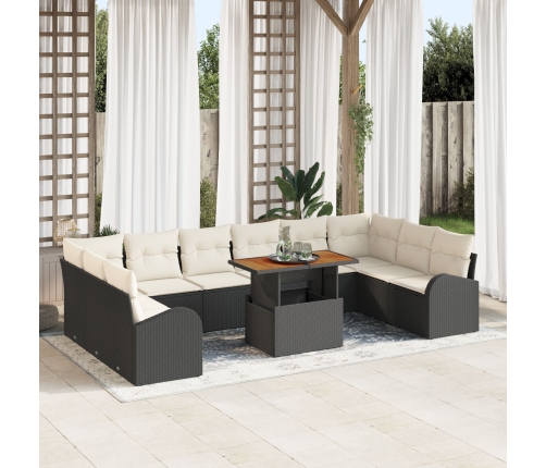 Conjunto de Comedor de Jardín de 11 Piezas con Cojines Ratán Poliéster Negro Acacia