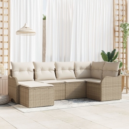 Juego de Sofá de Jardín  de 6 Piezas con Cojines Beige Poliratán, Sofá de Jardín  de 2 Plazas con Almacenamiento y Cojines Beige Poliratán